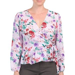 Bobeau Purple Floral Print V Neck Wrap Top Cute Summer Date Night Garden…
